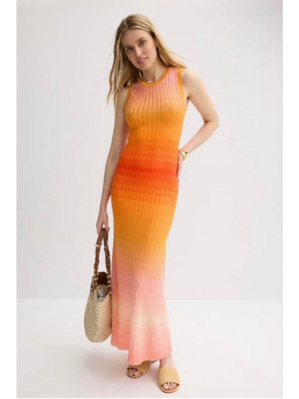 Women's Maje Maxi Dress Size Small Orange Pink Ribbed Knit Sleeveless